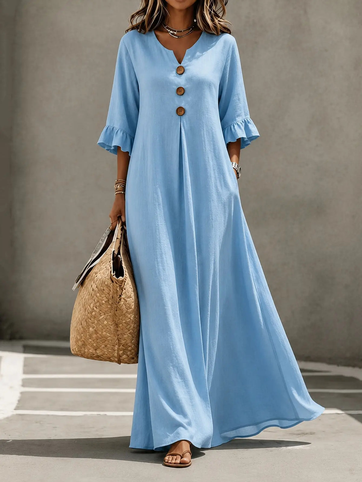Plus Size Women's V-Neck Long Dress - Elegant Autumn & Winter Solid Color Maxi Dress
