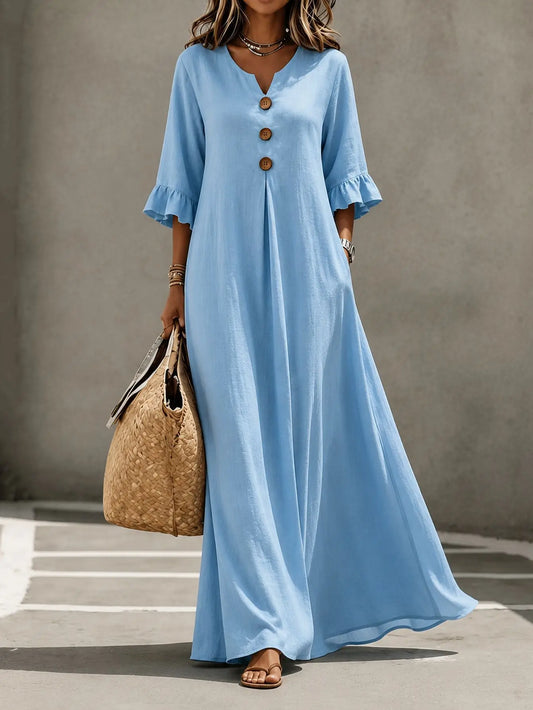 Plus Size Women's V-Neck Long Dress - Elegant Autumn & Winter Solid Color Maxi Dress