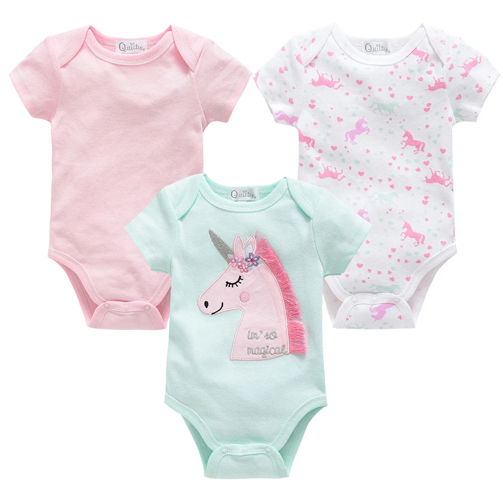 3 Pcs Cute Unicorn Print Short-Sleeve Jumpsuit