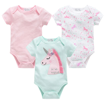3 Pcs Cute Unicorn Print Short-Sleeve Jumpsuit