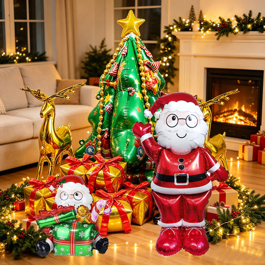 Large Santa Claus Foil Balloons & Christmas Tree Gift Box Decor