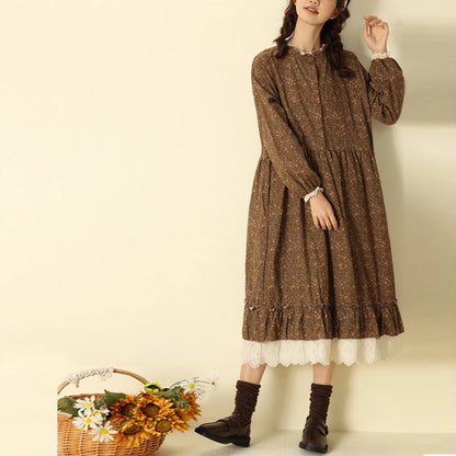Women's Vintage Mori Girl Floral Print Cotton Linen Midi Dress with Lace Ruffles