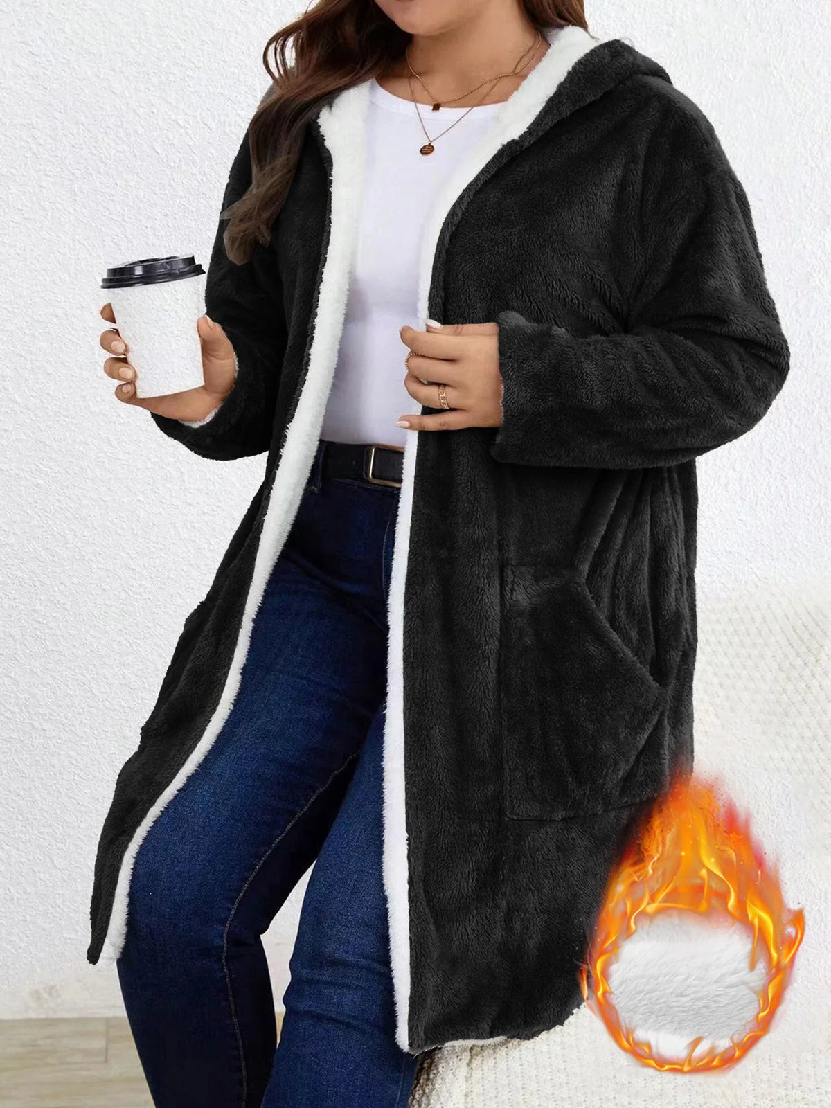 Women's Fuzzy Fleece Lined Hooded Open Cardigan - Warm Sherpa Trim Winter Coat