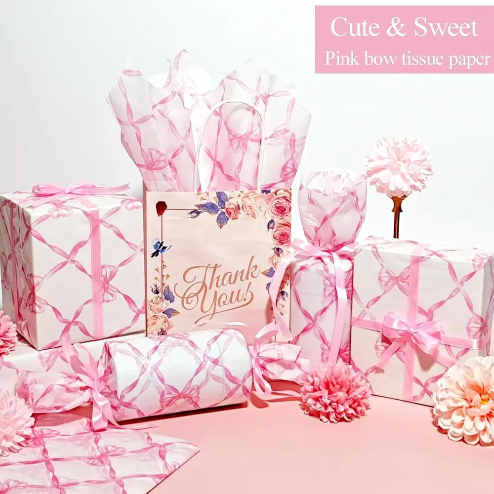 10 Sheets 20x14inch Pink Bow Tissue Paper