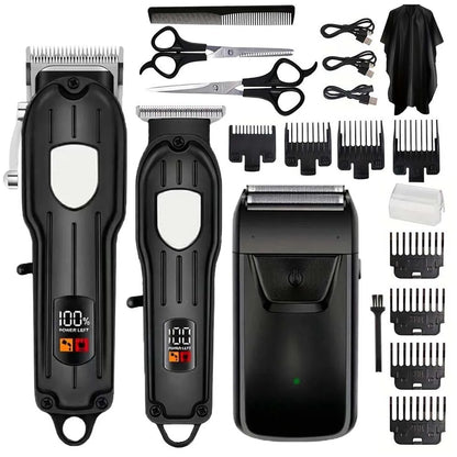 Professional Cordless Hair Clipper & Trimmer Set – USB Rechargeable Grooming Kit with LCD Display