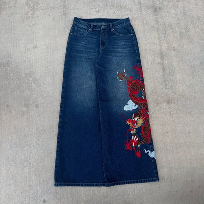 Dragon Graffiti Embroidered Loose Wide Leg Distressed Jeans