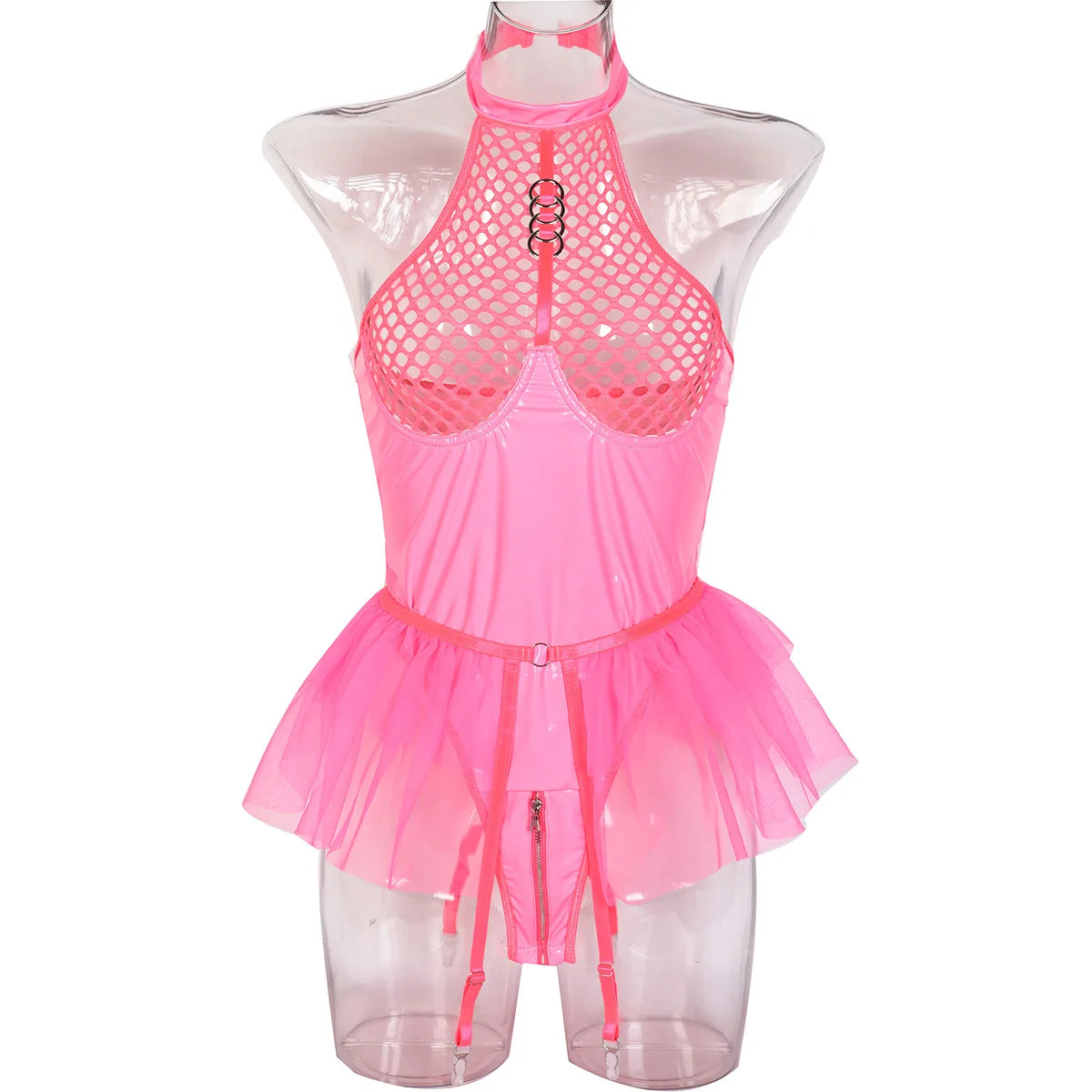 Patent Leather and Mesh Splicing Jumpsuit with Detachable Garter Belts