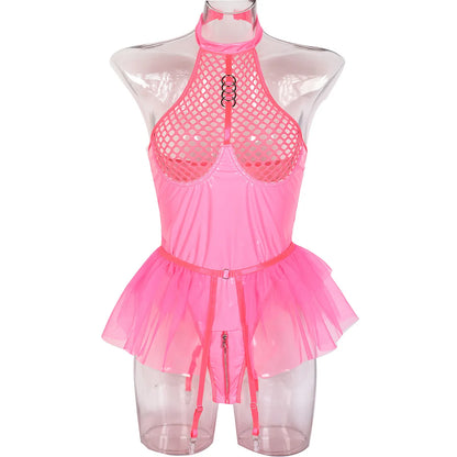 Patent Leather and Mesh Splicing Jumpsuit with Detachable Garter Belts