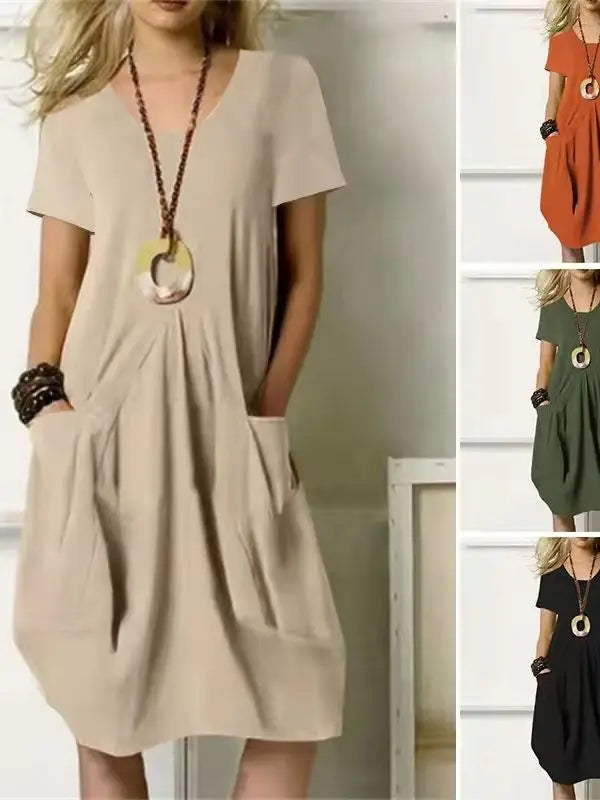 Women’s Cotton Linen Short-Sleeve Midi Dress – Casual Summer Dress with Pockets