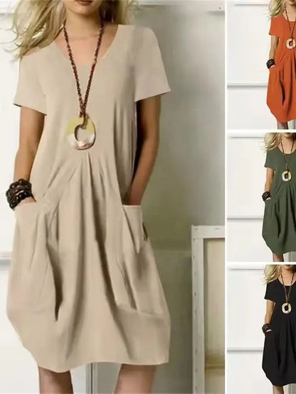 Women’s Cotton Linen Short-Sleeve Midi Dress – Casual Summer Dress with Pockets