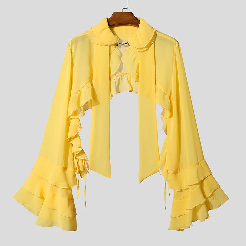 INCERUN Men's Solid Color Chiffon See-Through Ruffle Cardigan Shirt