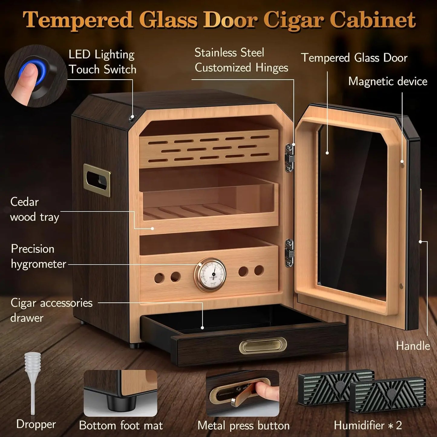 Lighted Control Magnetic Door with Cigar Accessory Drawer and 2 Humidifiers