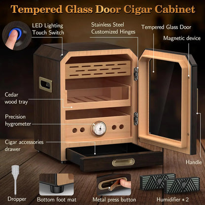 Lighted Control Magnetic Door with Cigar Accessory Drawer and 2 Humidifiers