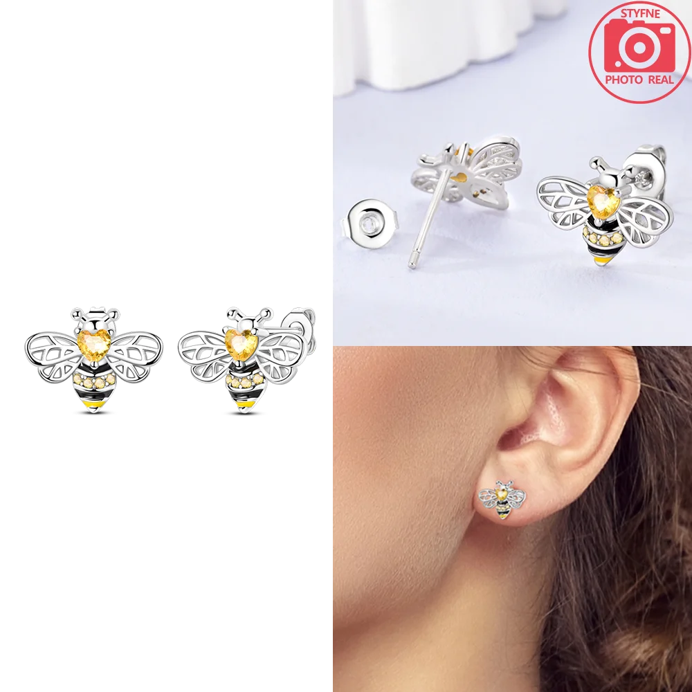 925 Sterling Silver Dancing Bee Hoop Earrings – Cute Enamel Zircon Jewelry
