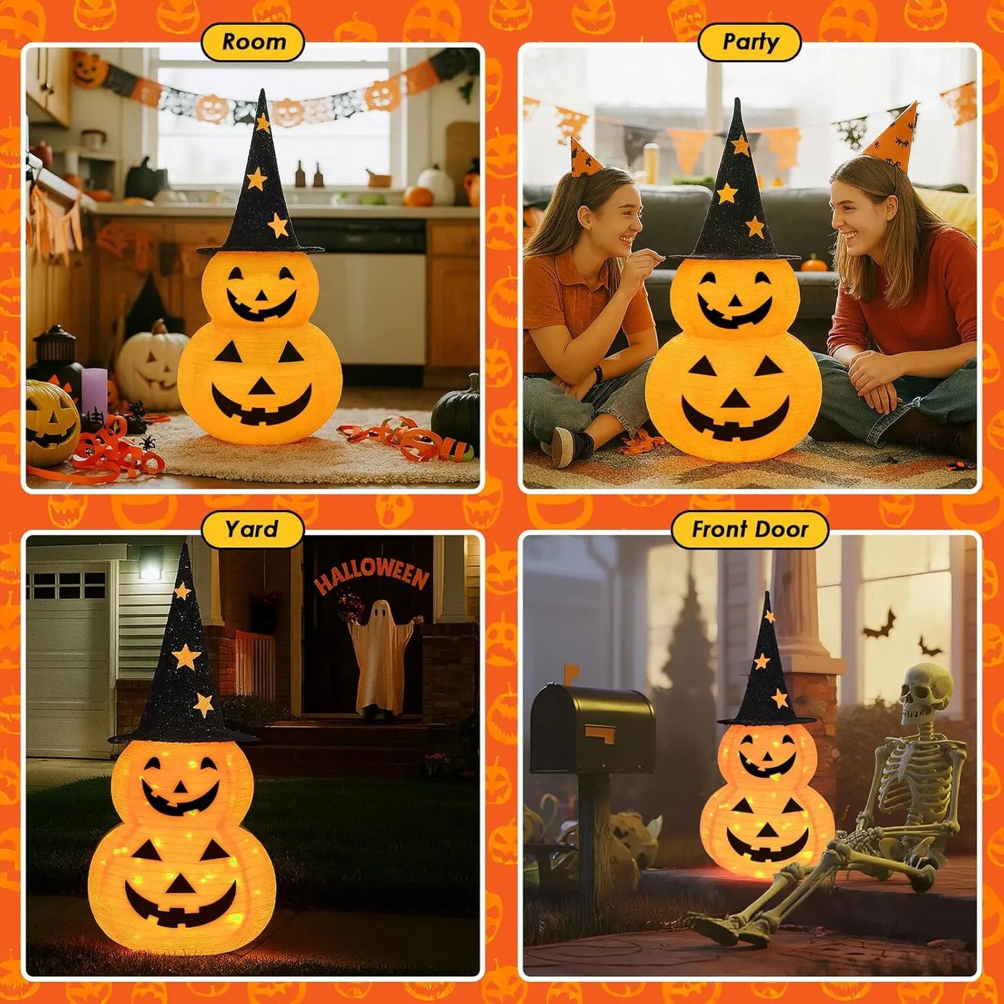 3FT Light-Up Stacked Jack-O'-Lantern Pumpkin - Collapsible Halloween Decor with 50 LED Lights & 8 Lighting Modes