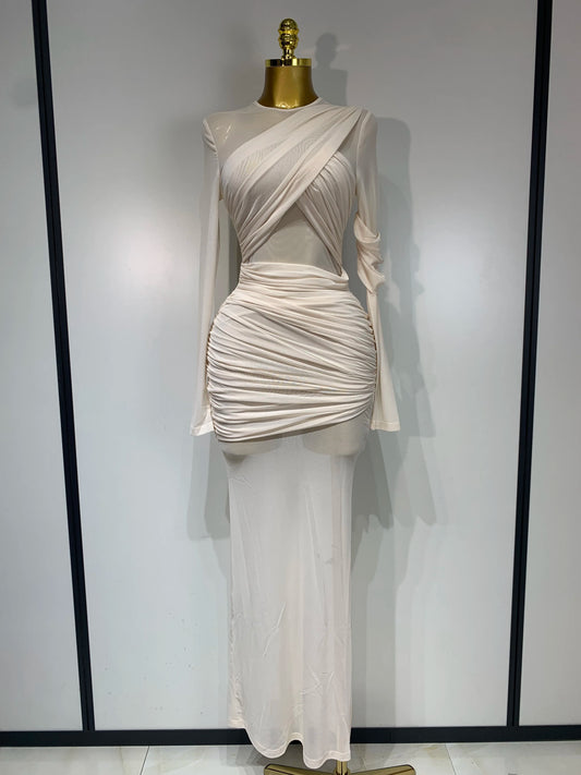 Women's Ruched Mesh Long Sleeve Bodycon Evening Dress
