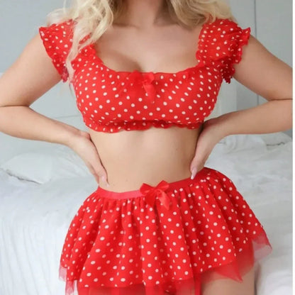 Polka Dot Off-Shoulder Lingerie Set with Skirt