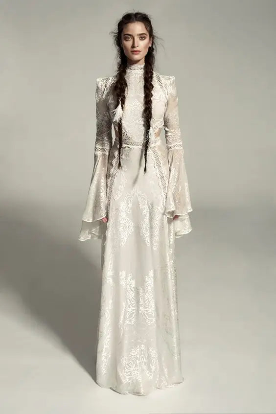 Women's Elegant High-Neck Lace Mermaid Wedding Dress