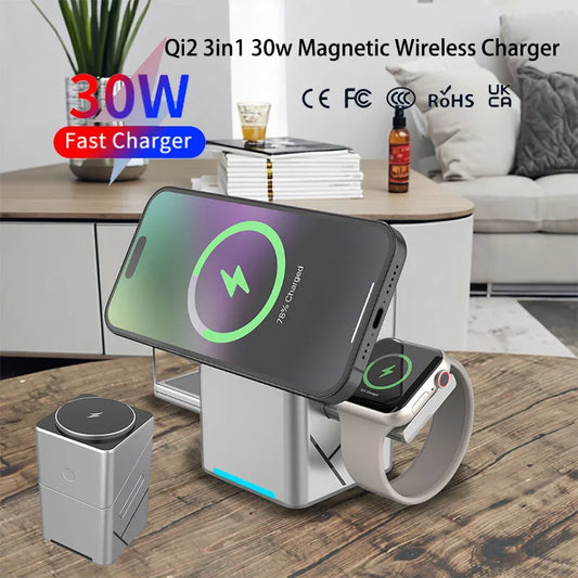 15W 3-in-1 Magnetic Wireless Charging Station with Touch Rotation for iPhone & Samsung
