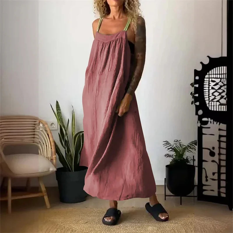 Women's Sleeveless Cotton Linen Casual Maxi Dress