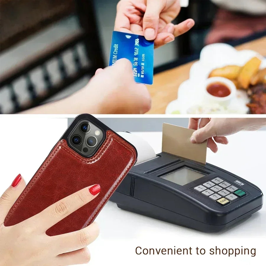 Double Button With Card Slot Stand Flip Leather Case For iPhone
