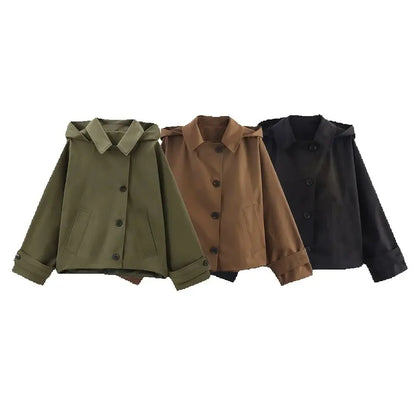 Women's European & American Style Hooded Lapel Jacket – Single-Breasted Trench Coat