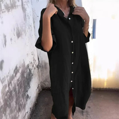 Women's Casual Loose Cotton Linen Solid Color Dress with Pockets