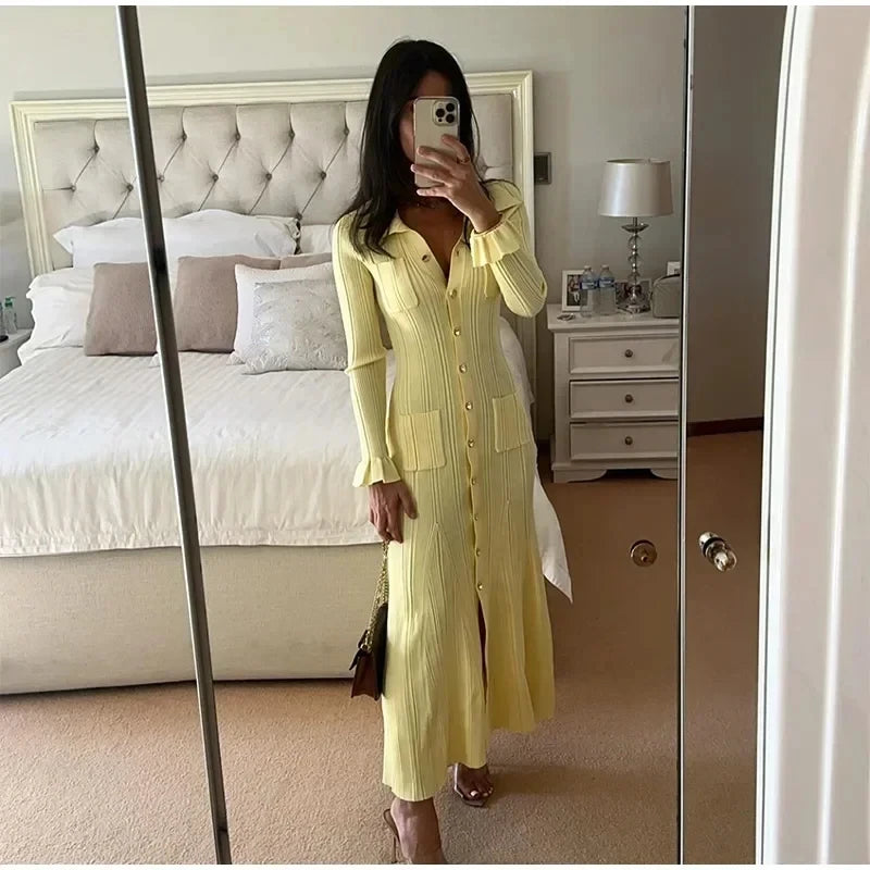 Women's Vintage Knitted Ruffle Single-Breasted Long Dress