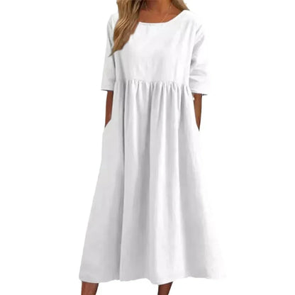 Women's Casual Linen Blend Loose Fit Midi Dress with Pockets