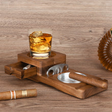 Whiskey Glass Tray & Wooden Ash Tray with Cigar Cutter Drawer and Cigar Slot