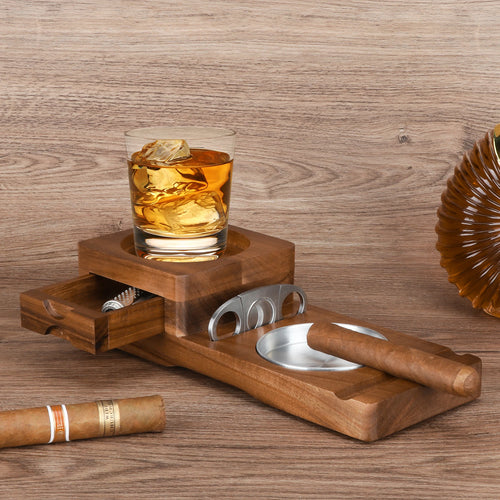Whiskey Glass Tray & Wooden Ash Tray with Cigar Cutter Drawer and Cigar Slot