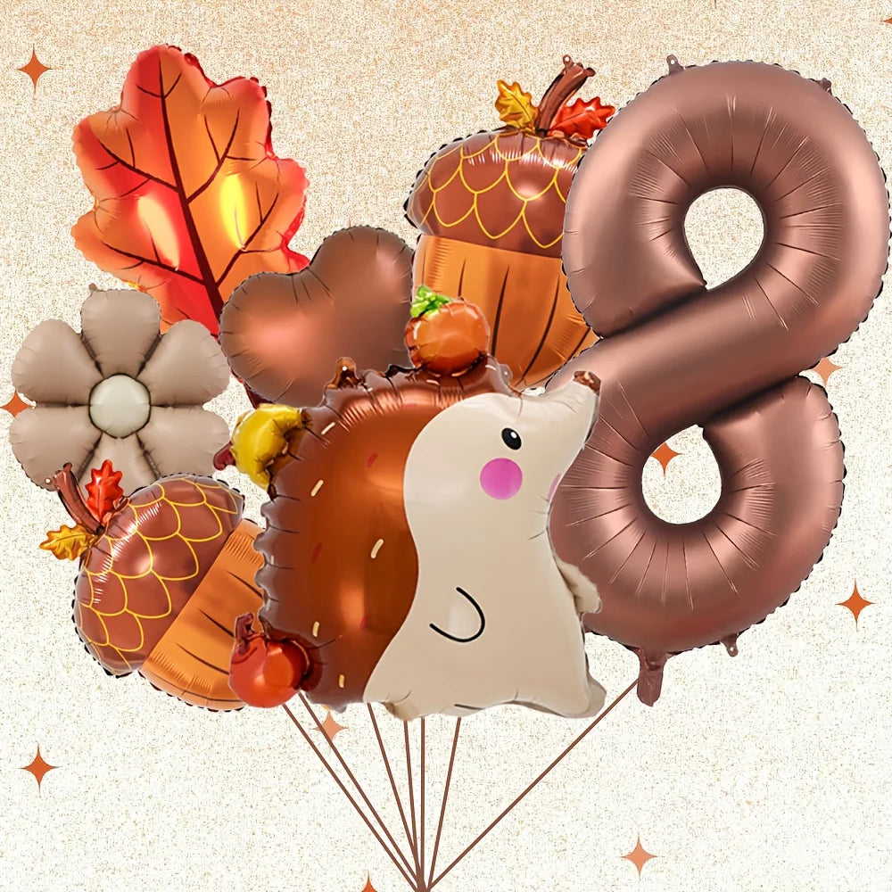 7Pcs Autumn Pinecone Hedgehog Balloon Set - 32 Inch Brown Number 1-9 Thanksgiving & Birthday Decor