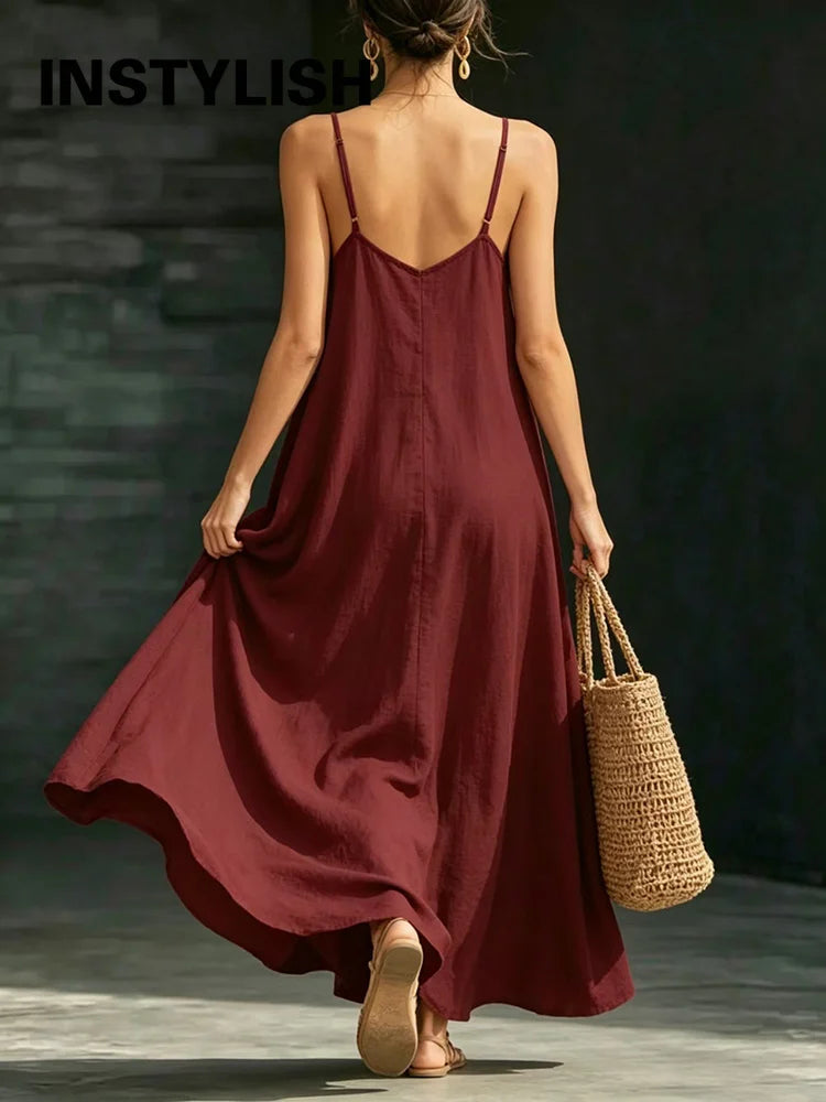 Women’s Casual V-Neck Spaghetti Strap Maxi Dress – Loose Swing Summer Beach Sundress