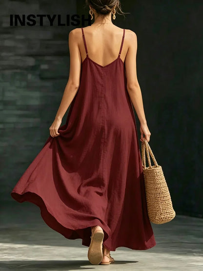 Women’s Casual V-Neck Spaghetti Strap Maxi Dress – Loose Swing Summer Beach Sundress