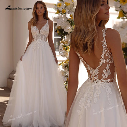 Romantic Tulle A-Line Lace Spaghetti Strap Wedding Dress