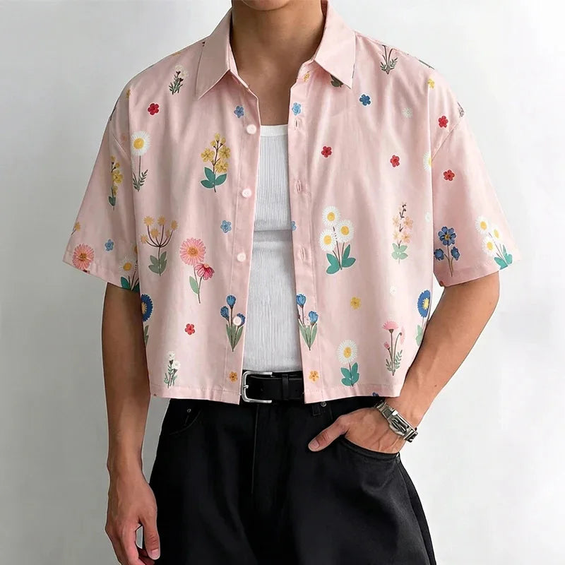 Men’s Cropped Floral Print Button-Down Shirt – Summer Vintage Casual Short Sleeve