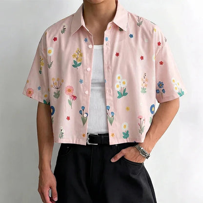 Men’s Cropped Floral Print Button-Down Shirt – Summer Vintage Casual Short Sleeve