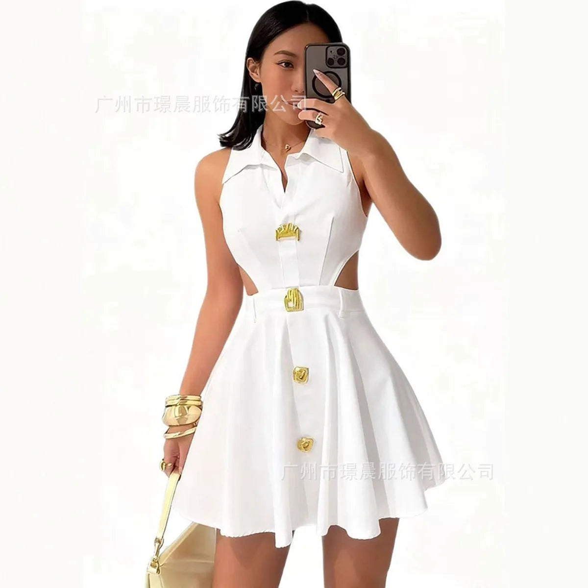 Women's Casual Sleeveless Hooded V-Neck Midi Dress with Side Buttons & Pockets