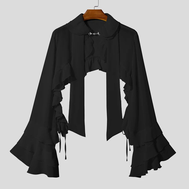 INCERUN Men's Solid Color Chiffon See-Through Ruffle Cardigan Shirt
