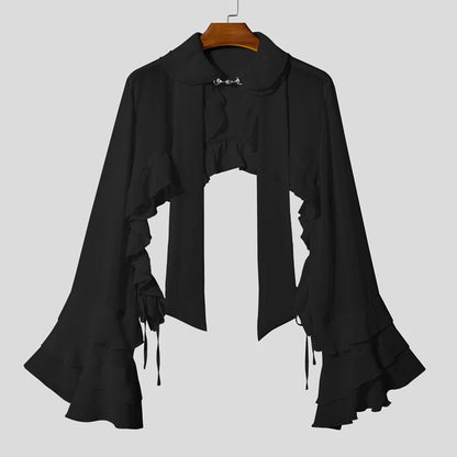 INCERUN Men's Solid Color Chiffon See-Through Ruffle Cardigan Shirt