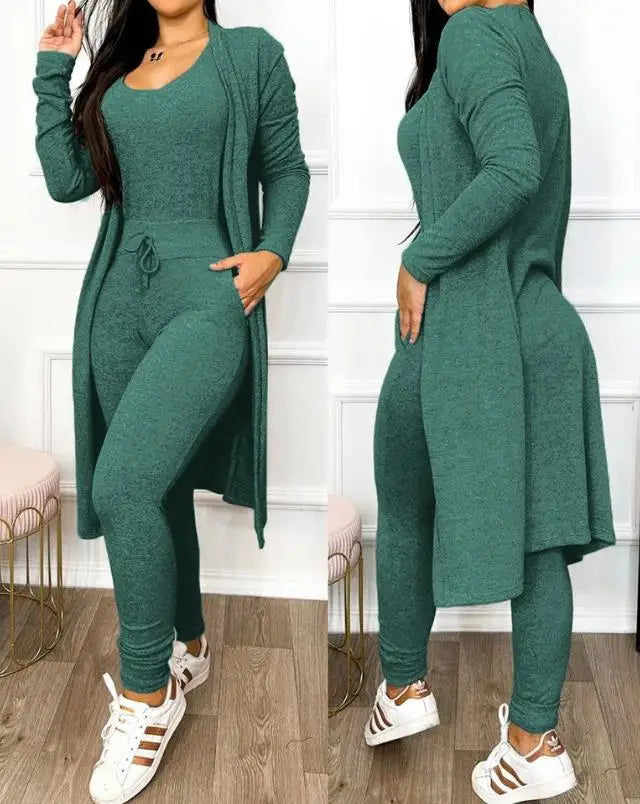 Two Piece Drawstring Pocketed Sleeveless Skinny Jumpsuit & Long Sleeve Coat Set