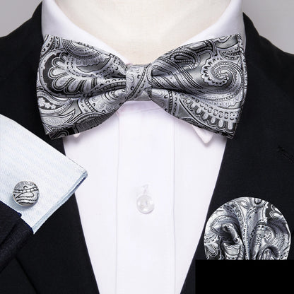 Barry.Wang Silk Bow Tie Hanky Cuffs Set