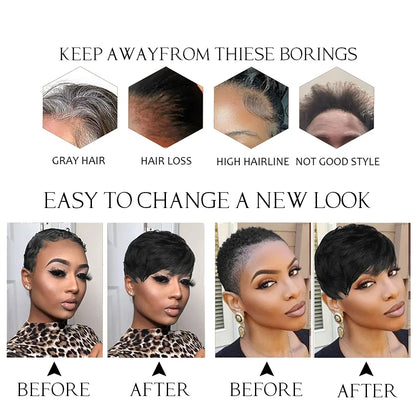 Short Human Hair Pixie Cut Straight Wig With Bangs