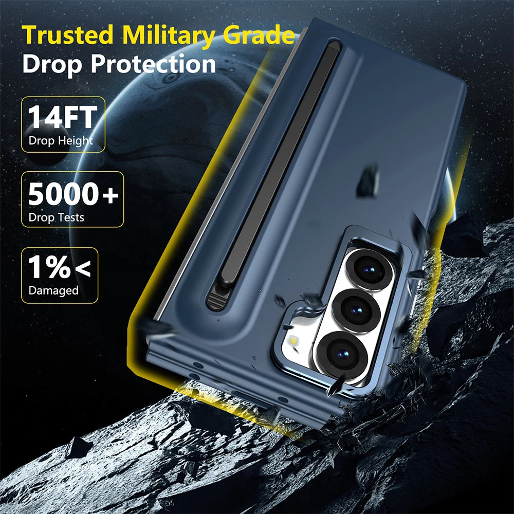 Samsung Galaxy Z Fold Metal Lens Stand Case with S Pen Holder & Tempered Glass Screen Protector