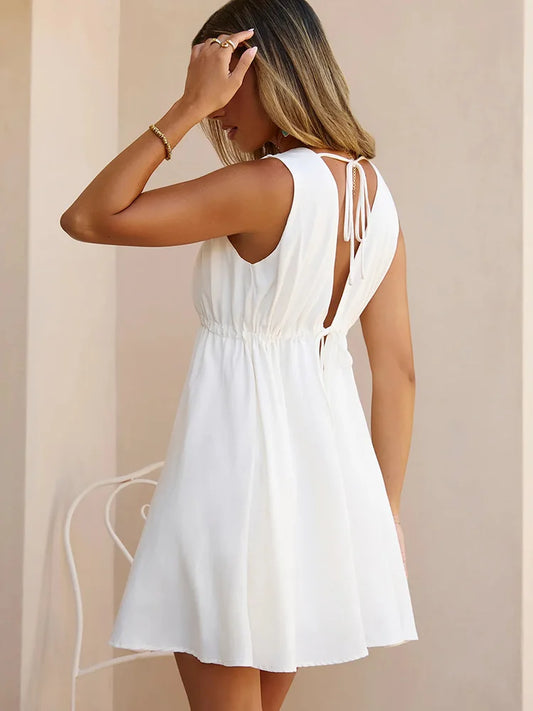 Women's Casual V-Neck Pleated Tank Mini Dress