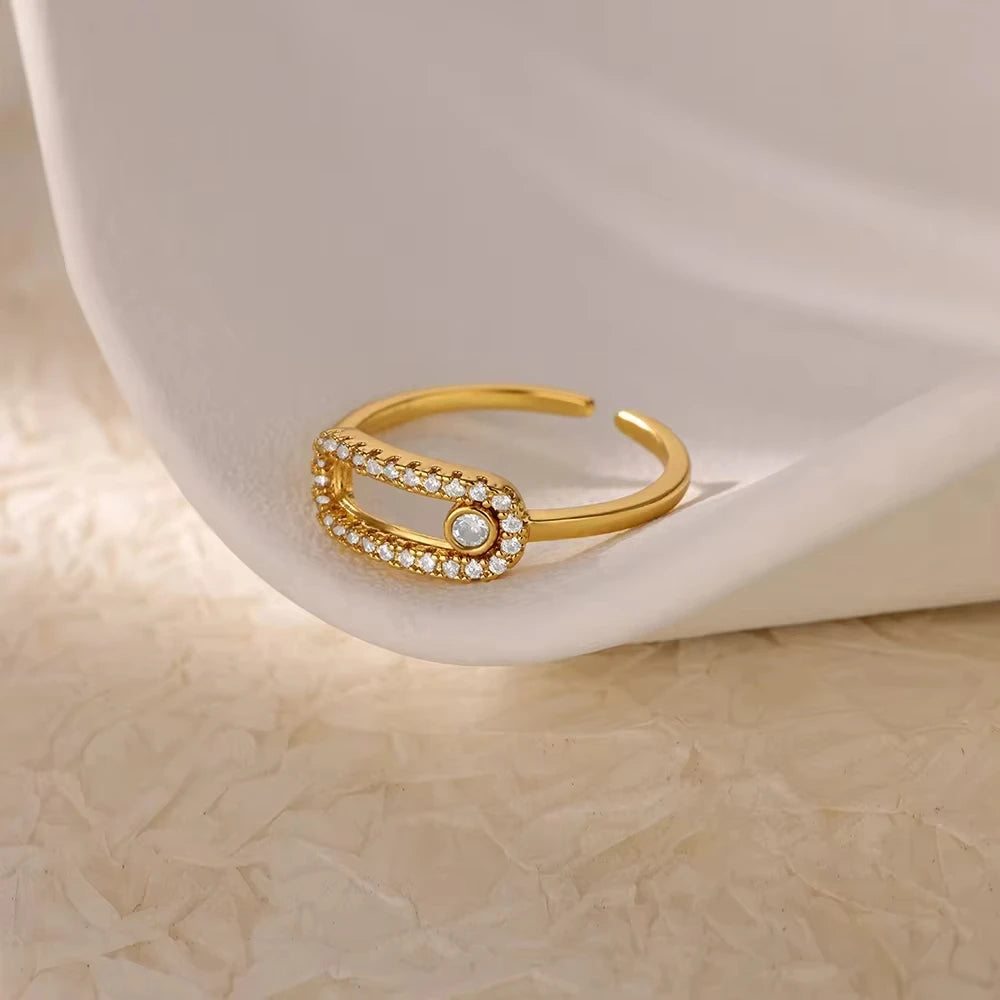 18K Gold Plated Zircon Geometric Open Ring – Trendy Waterproof Stainless Steel Jewelry