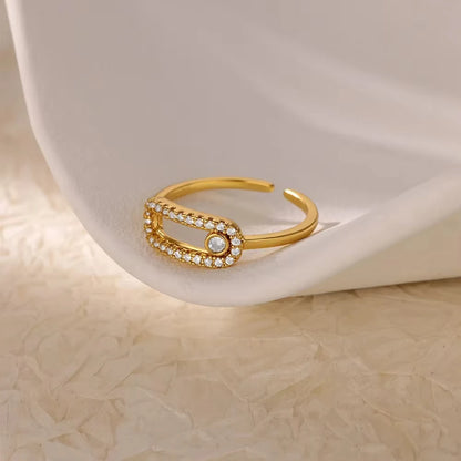 18K Gold Plated Zircon Geometric Open Ring – Trendy Waterproof Stainless Steel Jewelry