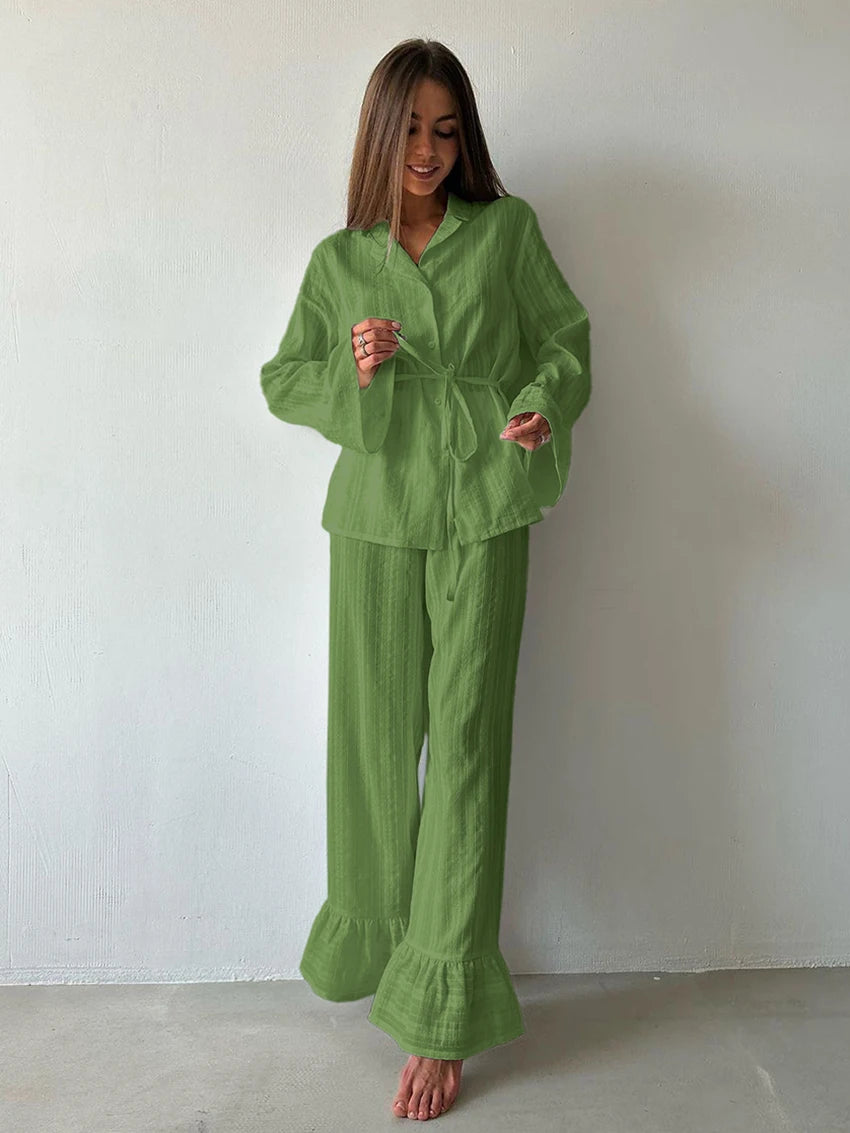 Long Sleeve Top and Long Ruffled Bottom Loose Fit Pajamas