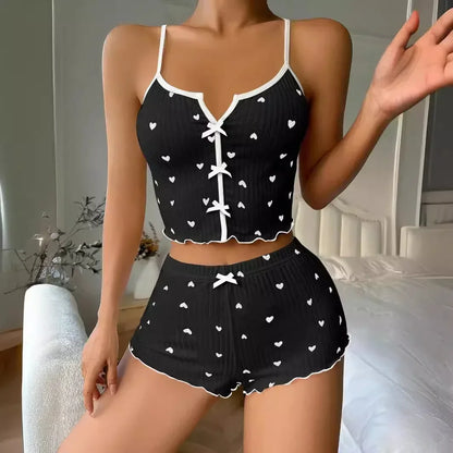 Heart Print Soft Ribbed Fabric Pajamas with Flirty Frill Trim