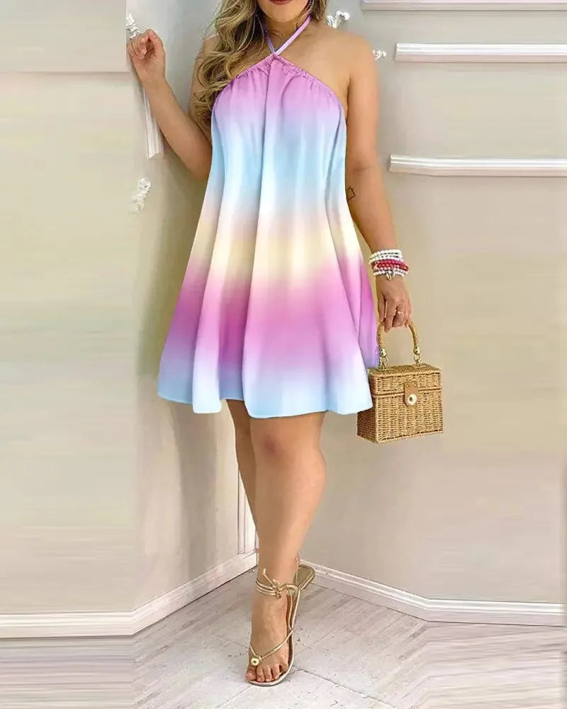 Women's Tropical Leaf Print Halter Neck Mini Dress – Sleeveless Backless Beach Sundress
